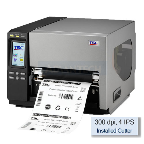 TSC TTP-384MT Thermal Transfer Printer, 300 dpi, 4 IPS, Ethernet, USB, Parallel, RS-232 with Factory Installed Cutter, 99-135A001-11LF