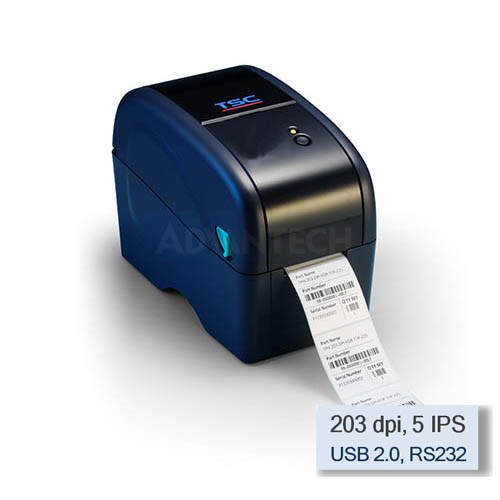 TSC TTP-225 2" Wide Thermal Transfer Printer, 203 dpi, 5 IPS (Navy) includes Real Time Clock, USB & RS-232 Port, 99-040A010-00LF